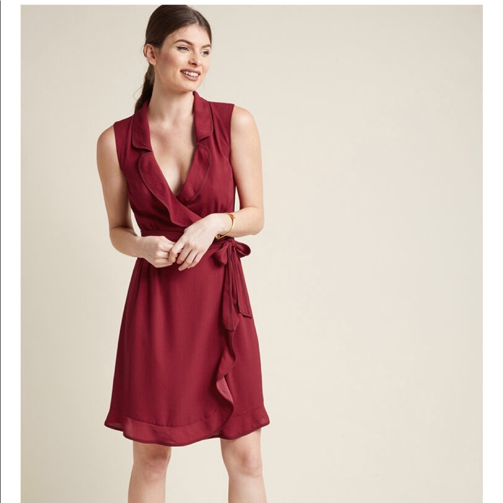 Burgundy and orange striped ruffled wrap dress